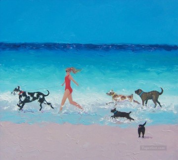dogs Painting - girl and dogs running on beach